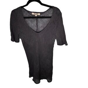 Flax Linen Short Sleeve Tunic Top Black Gray Size Small